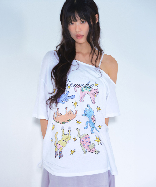 LIE MEQUE(リメーク)の「スタキャット アシンメトリー シャーリング Tシャツ ホワイト(Tシャツ/カットソー・レディース・ホワイト・FREE)」の1枚目の写真