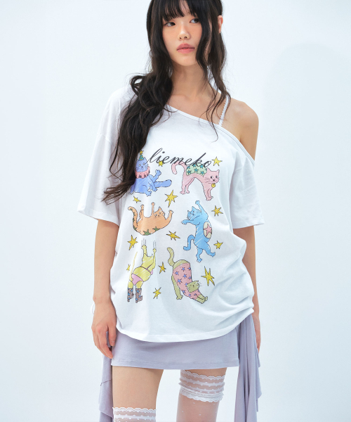 LIE MEQUE(リメーク)の「スタキャット アシンメトリー シャーリング Tシャツ ホワイト(Tシャツ/カットソー・レディース・ホワイト・FREE)」の2枚目の写真