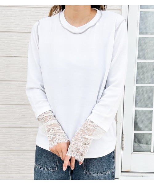 Q(キュー)の「レース切替カットソー(Tシャツ/カットソー・レディース・ブラック/オフホワイト・MEDIUM)」の1枚目の写真