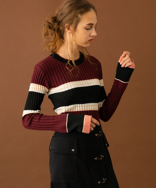 UNITED TOKYO（ユナイテッドトウキョウ）の「ケミカルマルチボーダーニット（ニット/セーター・レディース・ワインレッド/グレー・1）」の8枚目の写真
