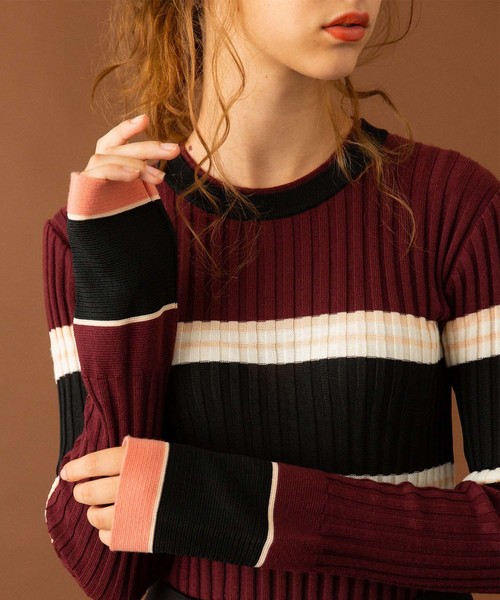 UNITED TOKYO（ユナイテッドトウキョウ）の「ケミカルマルチボーダーニット（ニット/セーター・レディース・ワインレッド/グレー・1）」の10枚目の写真