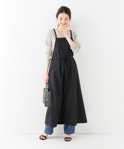 【極美品】IENA LUANA ポプリンワンピース BLACK F ロング セール】LUANA ポプリンエプロン ワンピース◇（ワンピース