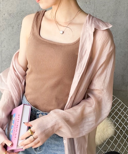 スクエアネックコットン無地リブタンクトップ(袖なし)