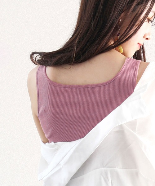 スクエアネックコットン無地リブタンクトップ(袖なし)