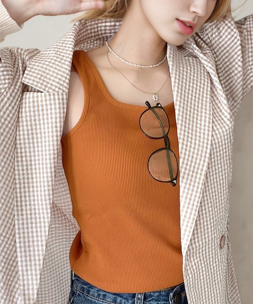 スクエアネックコットン無地リブタンクトップ(袖なし)