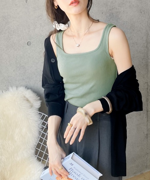 スクエアネックコットン無地リブタンクトップ(袖なし)