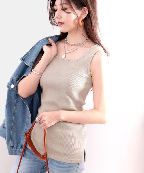 スクエアネックコットン無地リブタンクトップ(袖なし)