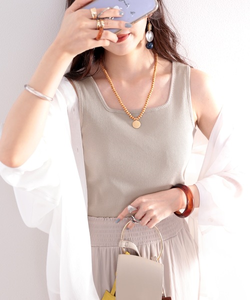 スクエアネックコットン無地リブタンクトップ(袖なし)