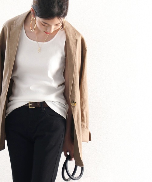 スクエアネックコットン無地リブタンクトップ(袖なし)