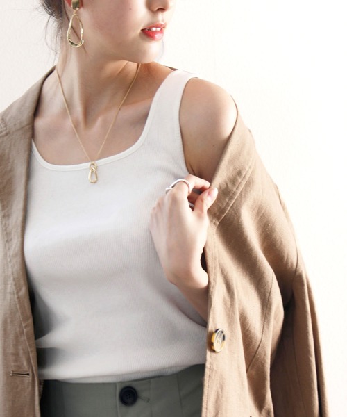 スクエアネックコットン無地リブタンクトップ(袖なし)