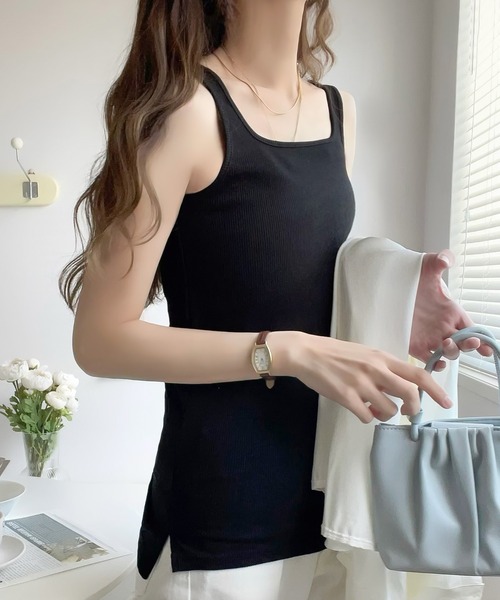 セール】スクエアネック 無地リブタンクトップ(袖なし)（タンクトップ