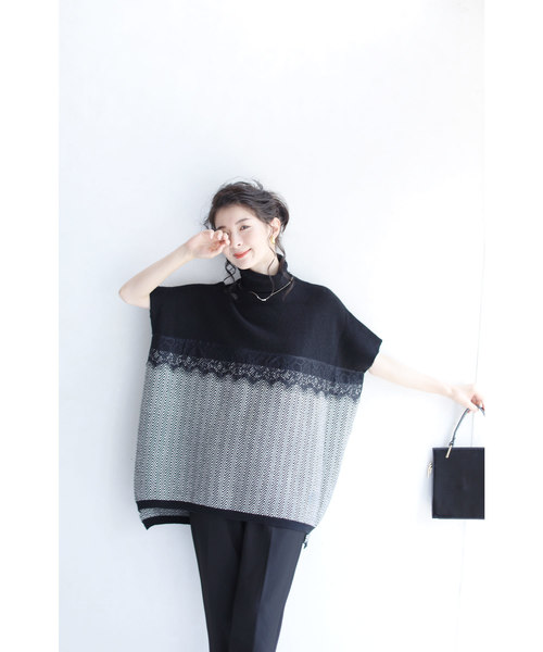 cawaii Mから3L対応  frenchpave レースを添えたバイカラーのスクエアシルエットニットトップス9月15日22時販売新作 cawaii Mから3L対応 frenchpave レースを添えたバイカラーの