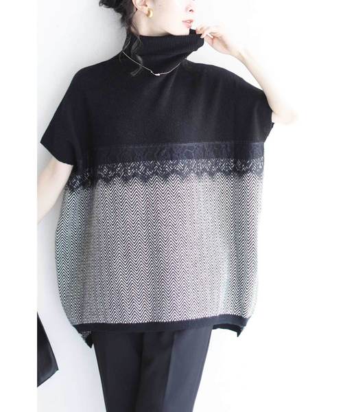 cawaii Mから3L対応  frenchpave レースを添えたバイカラーのスクエアシルエットニットトップス9月15日22時販売新作 cawaii Mから3L対応 frenchpave レースを添えたバイカラーの
