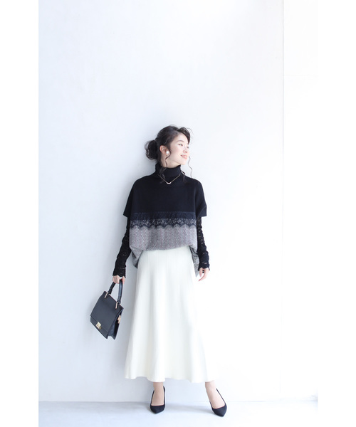 cawaii Mから3L対応  frenchpave レースを添えたバイカラーのスクエアシルエットニットトップス9月15日22時販売新作 レースを添えたバイカラーのスクエアシルエットニットトップス
