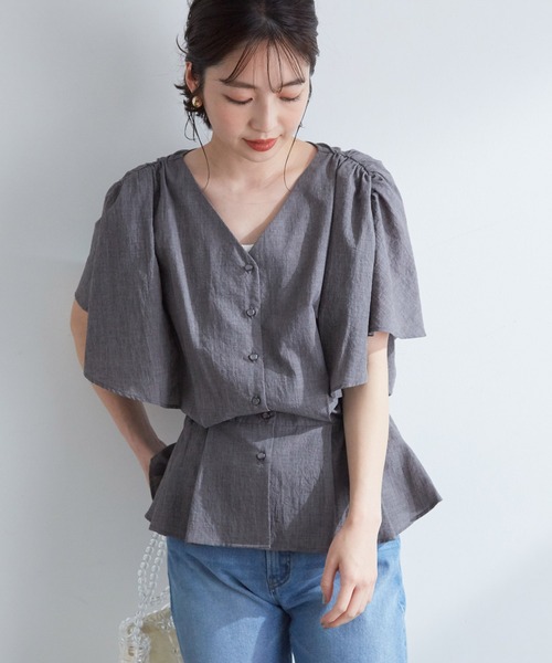 VIS（ビス）の「シャンブレーローンドルマンブラウス（シャツ/ブラウス・レディース・ホワイト/イエロー/オレンジ/ブルー/モスグリーン/スミクロ・FREE）」の2枚目の写真