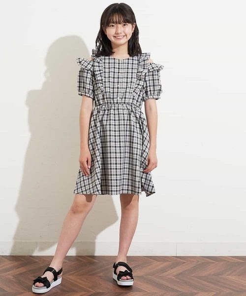 セール 160 肩あきフリルチェック柄ワンピース ワンピース A V V アーヴェヴェ のファッション通販 Zozotown