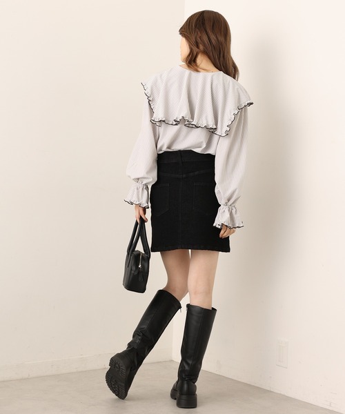 one after another NICE CLAUP(ワンアフターアナザーナイスクラップ)の「シンプルデニム台形ミニスカート(デニムスカート・レディース・ブラック/インディゴブルー・FREE)」の7枚目の写真