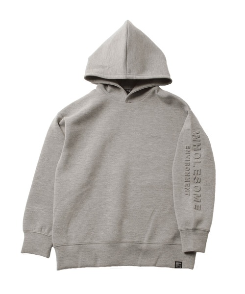 GLAZOS(グラソス)の「ダンボールニット・ドロップショルダーエンボスロゴパーカー【セットアップ対応】(パーカー・キッズ・ブラック/サックスブルー/ライム/グレー・140cm/160cm/150cm/170cm/130cm)」の2枚目の写真