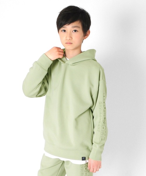 GLAZOS(グラソス)の「ダンボールニット・ドロップショルダーエンボスロゴパーカー【セットアップ対応】(パーカー・キッズ・ブラック/サックスブルー/ライム/グレー・140cm/160cm/150cm/170cm/130cm)」の3枚目の写真