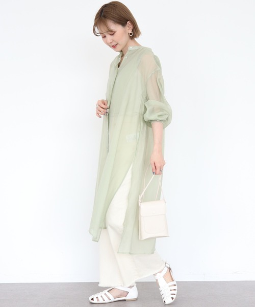 AMERICAN HOLIC（アメリカンホリック）の「シアーバンドカラーワンピース（シャツワンピース・レディース・ミント/ブラウン・M/L）」の2枚目の写真