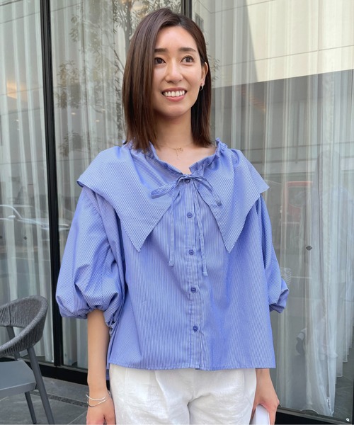 Meli rich（メリーリッチ）の「ビッグカラーフリルブラウス（シャツ/ブラウス・レディース・ホワイト/ライトブルー/ブルー/ネイビー/ライトグレー/ピンク/ブラック/ブルー系その他・MEDIUM）」の17枚目の写真