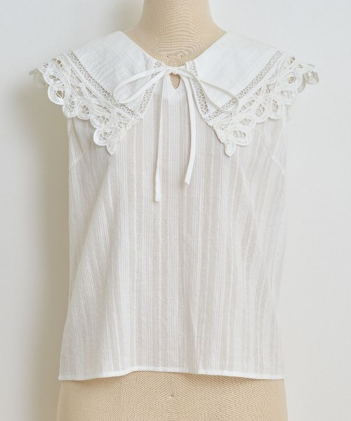 tocco closet(トッコ クローゼット)の「りぼん付きレース装飾ビックカラーノースリーブブラウス(Tシャツ/カットソー・レディース・ネイビー/オフホワイト・M)」の19枚目の写真