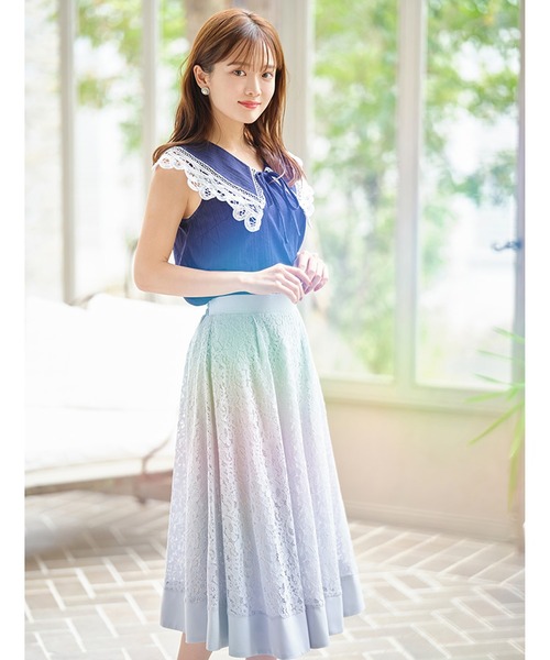 tocco closet(トッコ クローゼット)の「りぼん付きレース装飾ビックカラーノースリーブブラウス(Tシャツ/カットソー・レディース・ネイビー/オフホワイト・M)」の10枚目の写真
