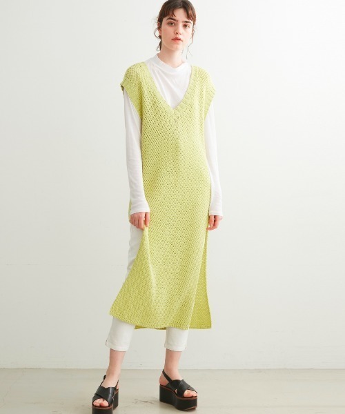 three dots(スリードッツ)の「バスケットメッシュ ドレス(ワンピース・レディース・オフホワイト/ブラウン系その他/イエロー系その他・SMALL)」の3枚目の写真