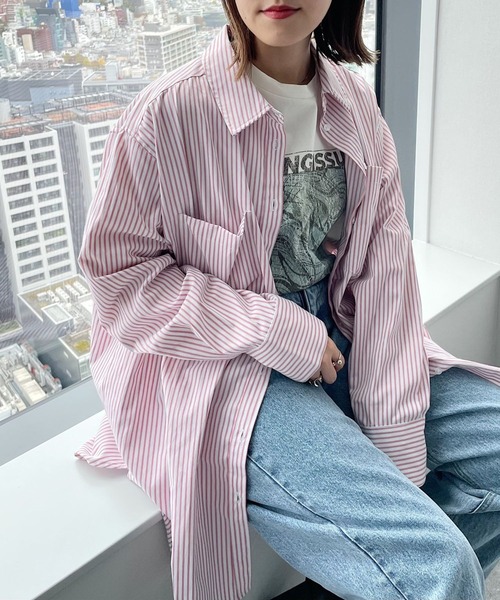 PAGEBOY（ページボーイ）の「ストライプBIGシャツ（シャツ/ブラウス・レディース・ホワイト×ブラック/ピンク/ブルー系その他・FREE）」の8枚目の写真