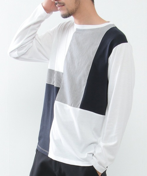 ikka(イッカ)の「ストライプミックス切り替えロンT(Tシャツ/カットソー・メンズ・ブルー/ホワイト/グリーン/ネイビー・S/L/XL/M)」の1枚目の写真