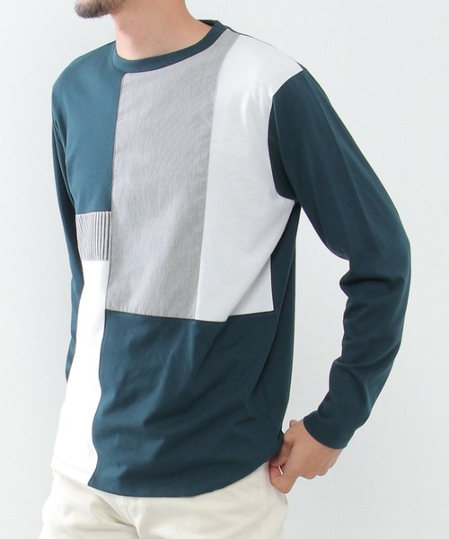 ikka(イッカ)の「ストライプミックス切り替えロンT(Tシャツ/カットソー・メンズ・ブルー/ホワイト/グリーン/ネイビー・S/L/XL/M)」の2枚目の写真