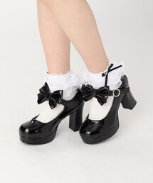 厚底チャンキーヒールリボン付きパンプス