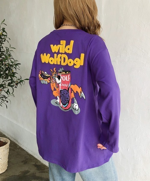 SHEENA(シーナ)の「WolfDog刺しゅうルーズロンT(Tシャツ/カットソー・レディース・ホワイト/グリーン/パープル/チャコールグレー/ピンク・M)」の1枚目の写真