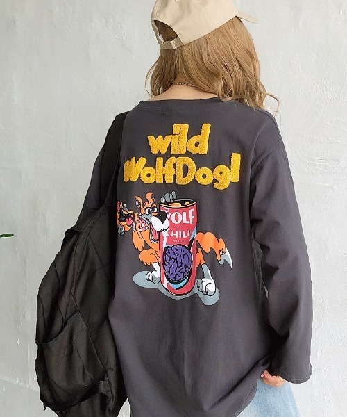 SHEENA(シーナ)の「WolfDog刺しゅうルーズロンT(Tシャツ/カットソー・レディース・ホワイト/グリーン/パープル/チャコールグレー/ピンク・M)」の3枚目の写真