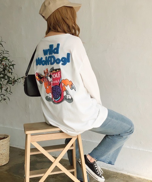 SHEENA(シーナ)の「WolfDog刺しゅうルーズロンT(Tシャツ/カットソー・レディース・ホワイト/グリーン/パープル/チャコールグレー/ピンク・M)」の10枚目の写真