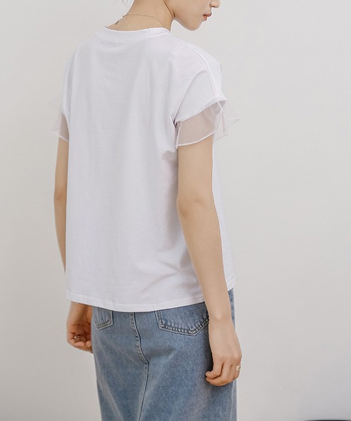 セール】フリル半袖異素材Tシャツ（Tシャツ/カットソー