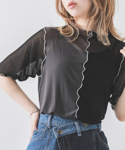 n'OrLABEL(ノアールレーベル)の「『前後2wayメッシュシアー配色カットソー』(Tシャツ/カットソー・レディース・ピンク/オフホワイト/ブラック・M/L/LL)」の2枚目の写真
