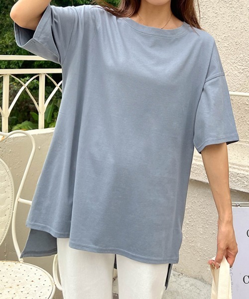 ad thie(アドティエ)の「オーバーサイズ チュニック Tシャツ(Tシャツ/カットソー・レディース・グリーン/ブルー/ライトグレー/パープル/ダークブラウン/オフホワイト/モカ/ピンクベージュ/スモーク/ベージュ/ブラウン/ブラック/ピンク系その他4/チャコール/アイボリー・FREE)」の11枚目の写真