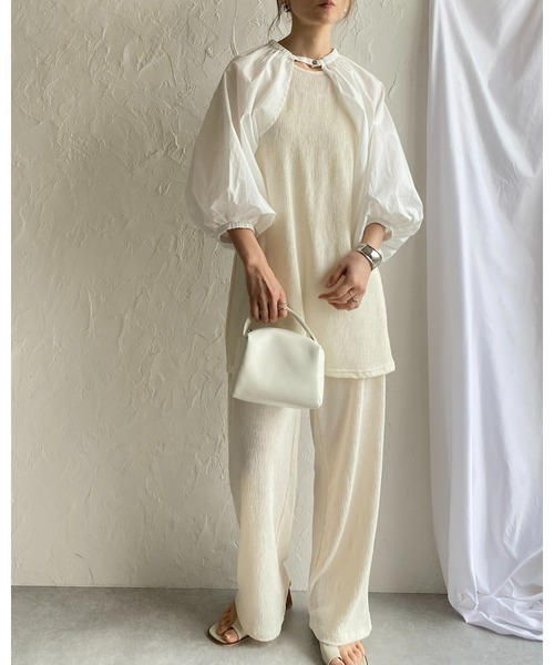 She's Closet(シーズクローゼット)の「楊柳プリーツアメスリタンクトッププルオーバー&パンツスタイルセットアップ(セットアップ・レディース・グレイッシュベージュ/ブラック/アイボリー・FREE)」の14枚目の写真