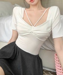 SPIGA | ﾃﾞｺﾙﾃﾗｲﾝﾘﾎﾞﾝ風ﾄｯﾌﾟｽ(Tシャツ/カットソー)