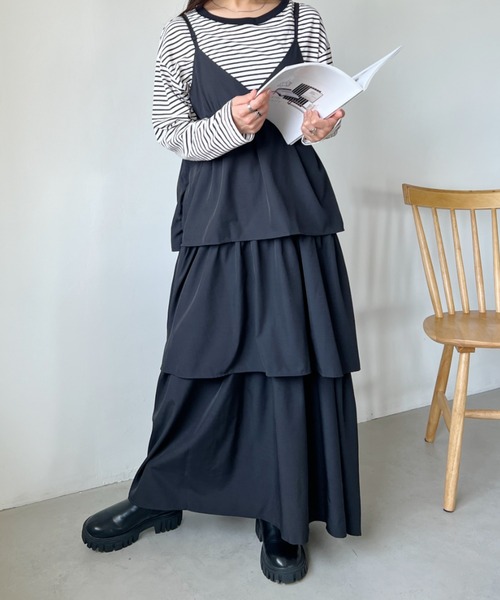 CLEA(クレア)の「カンカンティアードロングキャミワンピース(ワンピース・レディース・ブラック・FREE)」の7枚目の写真