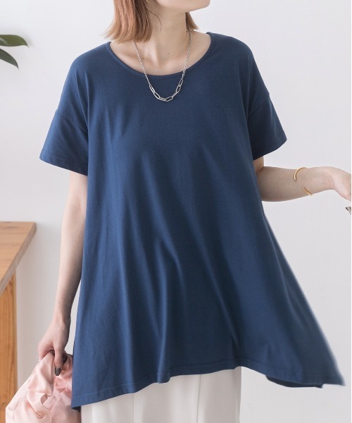 ad thie(アドティエ)の「チュニック丈 イレギュラーヘムTシャツ(Tシャツ/カットソー・レディース・スモークピンク/オフホワイト/パープル/ネイビー/ベージュ/ダークブラウン/杢グレー/ブラック・FREE/LL)」の7枚目の写真