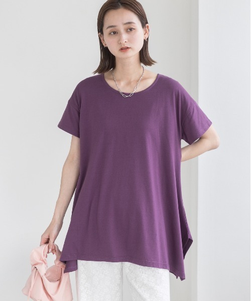 ad thie(アドティエ)の「チュニック丈 イレギュラーヘムTシャツ(Tシャツ/カットソー・レディース・スモークピンク/オフホワイト/パープル/ネイビー/ベージュ/ダークブラウン/杢グレー/ブラック・FREE/LL)」の13枚目の写真