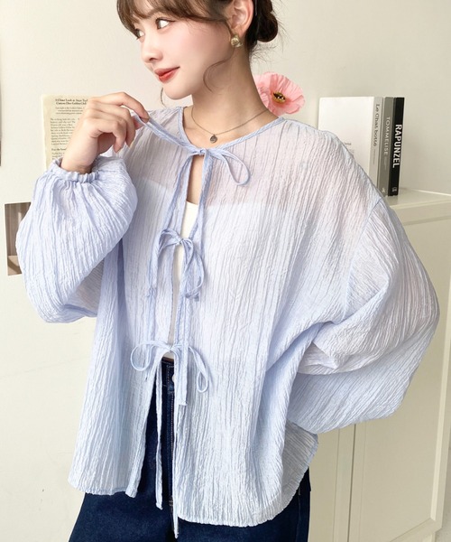 moment+（モーメントプラス）の「N/Tワッシャー前後2WAYボリュームスリーブショート丈(45cm)＆レギュラー丈(62cm)リボンカーディガン（カーディガン/ボレロ・レディース・ベージュ/イエロー/ブルー系その他/ホワイト系その他/ベージュ系その他/ピンク/イエロー系その他/ピンク系その他/ブラック/オフホワイト/ブルー/ブラック系その他・M/L）」の9枚目の写真