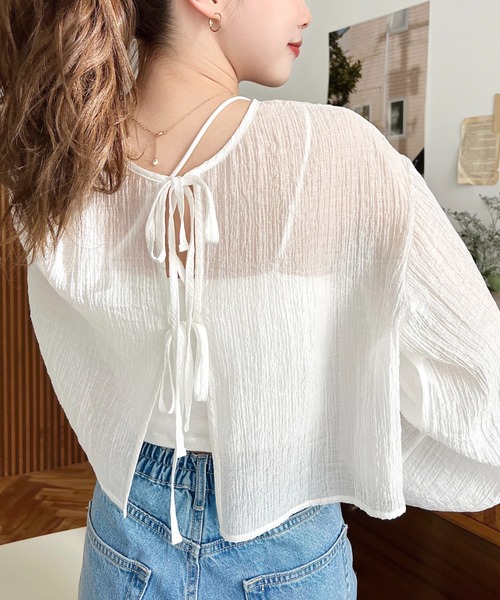 moment+（モーメントプラス）の「N/Tワッシャー前後2WAYボリュームスリーブショート丈(45cm)＆レギュラー丈(62cm)リボンカーディガン（カーディガン/ボレロ・レディース・ベージュ/イエロー/ブルー系その他/ホワイト系その他/ベージュ系その他/ピンク/イエロー系その他/ピンク系その他/ブラック/オフホワイト/ブルー/ブラック系その他・M/L）」の17枚目の写真