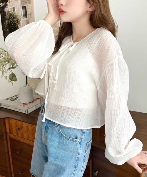 moment+（モーメントプラス）の「N/Tワッシャー前後2WAYボリュームスリーブショート丈(45cm)＆レギュラー丈(62cm)リボンカーディガン（カーディガン/ボレロ・レディース・ベージュ/イエロー/ブルー系その他/ホワイト系その他/ベージュ系その他/ピンク/イエロー系その他/ピンク系その他/ブラック/オフホワイト/ブルー/ブラック系その他・M/L）」の14枚目の写真