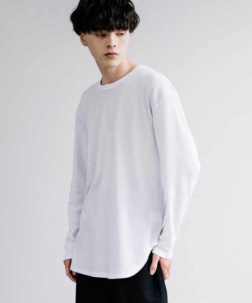 Rocky Monroe（ロッキーモンロー）の「オーバーサイズ クルーネックワッフル無地長袖Tシャツ（Tシャツ/カットソー・メンズ・ホワイト/サックスブルー/杢グレー/ブラック・M/L）」の3枚目の写真