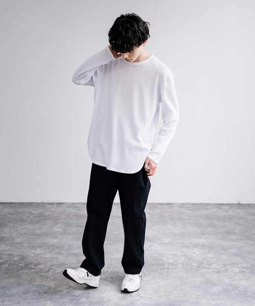Rocky Monroe（ロッキーモンロー）の「オーバーサイズ クルーネックワッフル無地長袖Tシャツ（Tシャツ/カットソー・メンズ・ホワイト/サックスブルー/杢グレー/ブラック・M/L）」の9枚目の写真