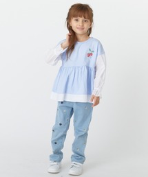 いちご刺繍ストレッチデニムセミフレアパンツ