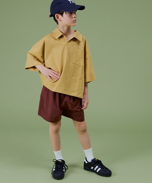 PAIRMANON STREET（ペアマノンストリート）の「【PAIRMANON STREET】無地 スキッパー 半袖 Tシャツ 異素材 セットアップ（セットアップ・キッズ・ブルー系その他/イエロー/ベージュ系その他/ブラック系その他・90/100/150/110/140/130/120）」の3枚目の写真